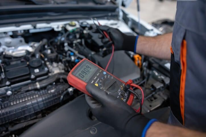 Mekaniker mäter bilens elsystem med en digital multimeter