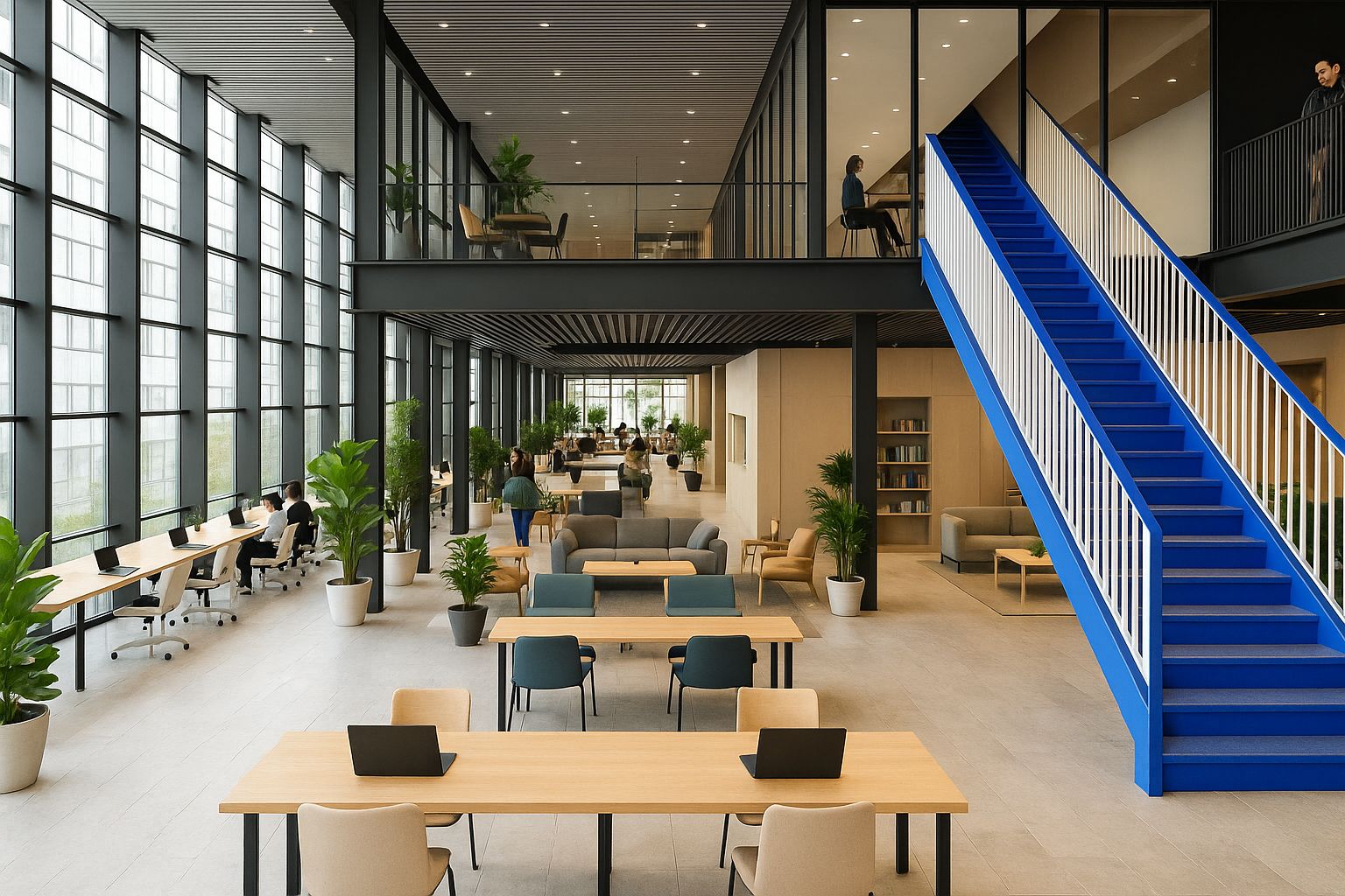 Ljust och modernt coworkingutrymme i Stockholm med designmöbler och stora fönster