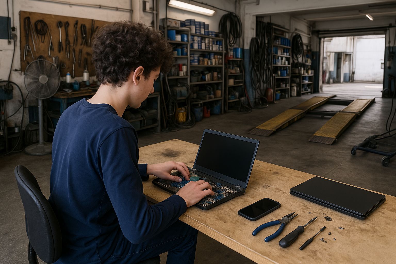 Överblick av en modern coworking-yta med bilverkstad i bakgrunden.