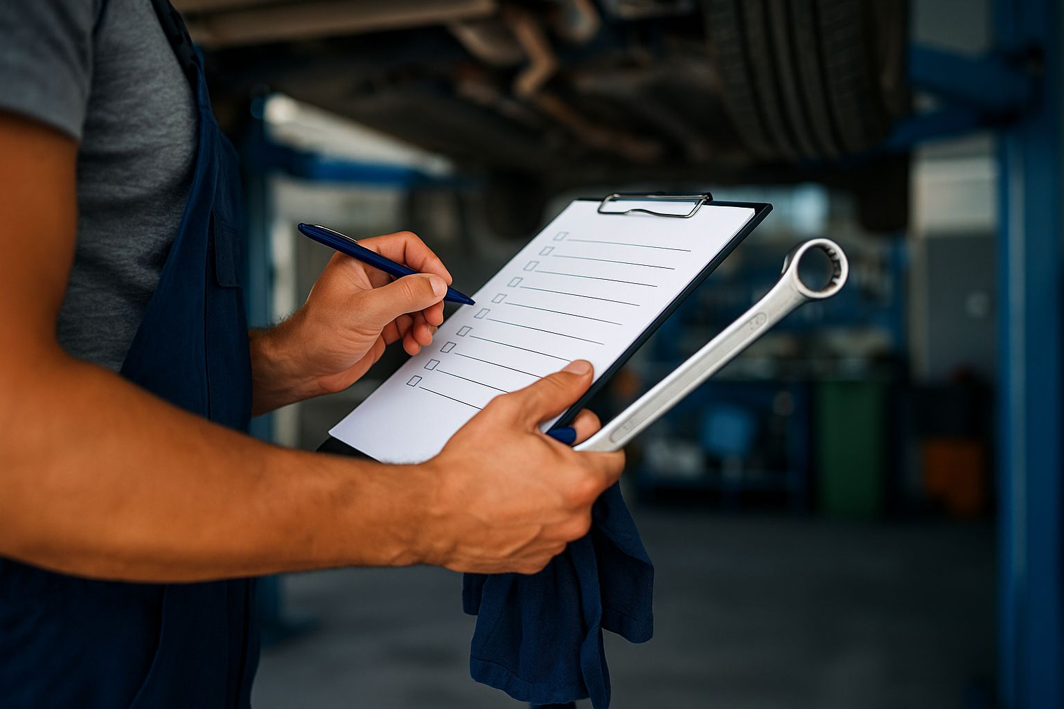 Verkstadsscen med fordonsunderhåll och checklistor för Kellfri-produkter.