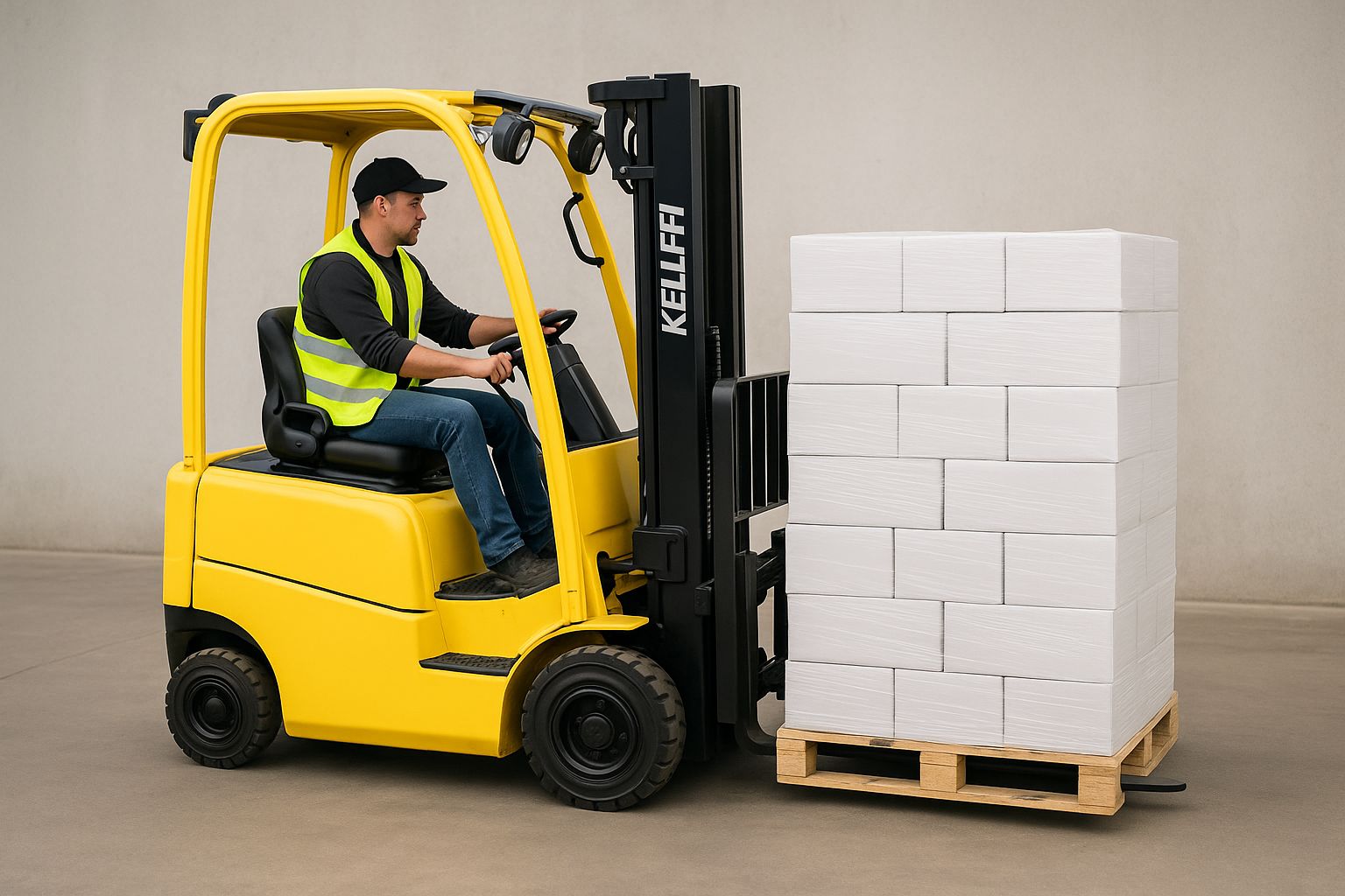 En Kellfri gaffeltruck lyfter en stor trälåda i en verkstadsmiljö.