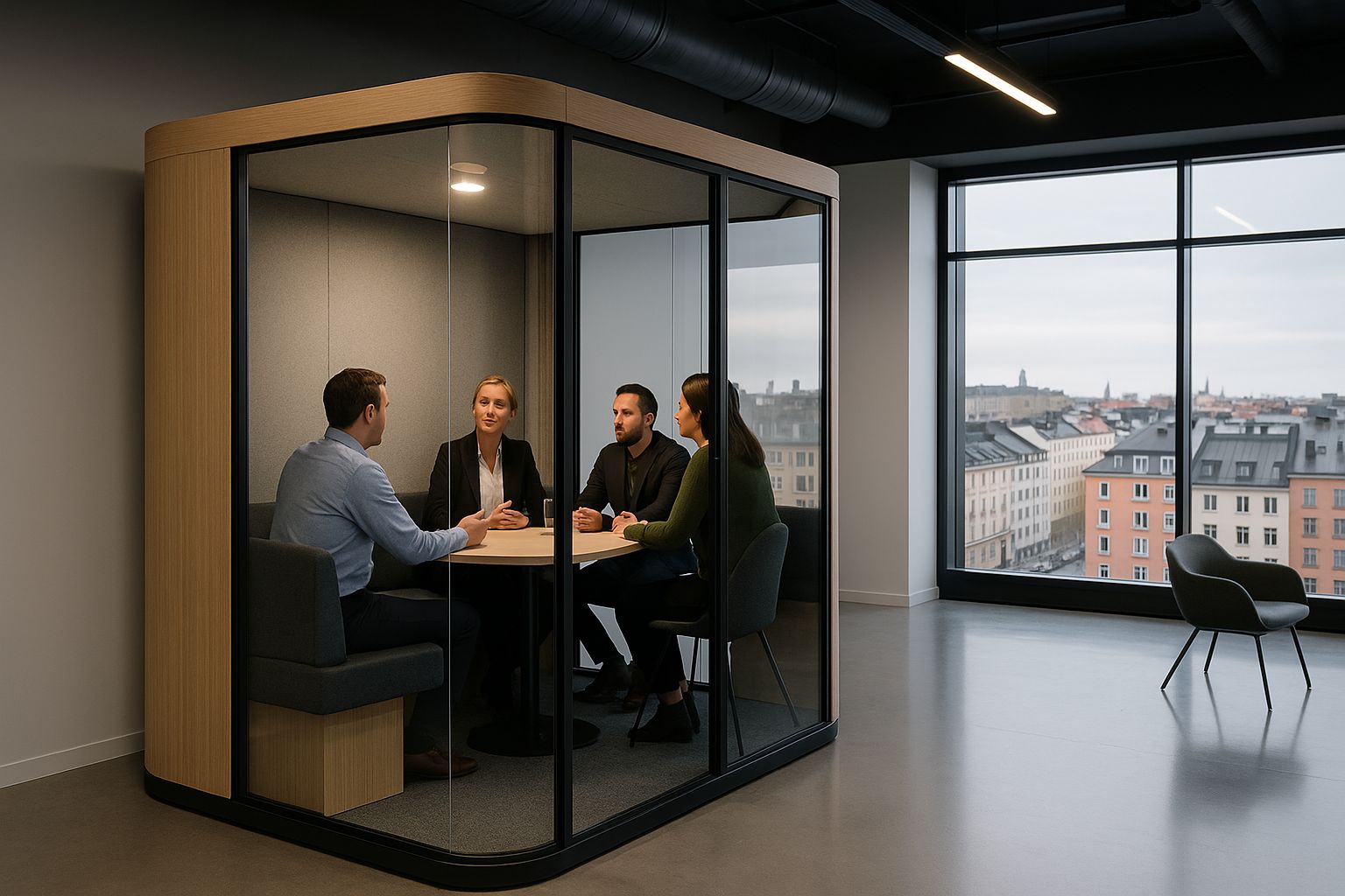 Mötesrum i pod-stil för effektiva samarbeten i ett coworkingutrymme i Stockholm.