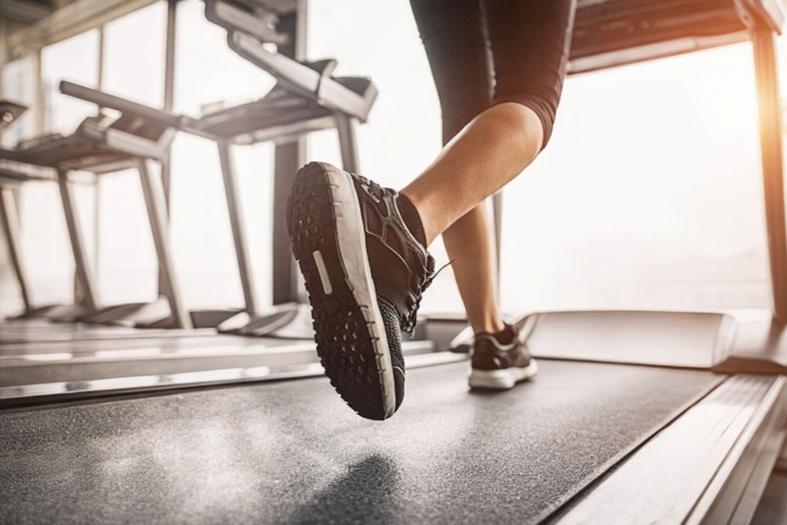 Fötter i löparskor på ett löpband under ett träningspass i ett gym.