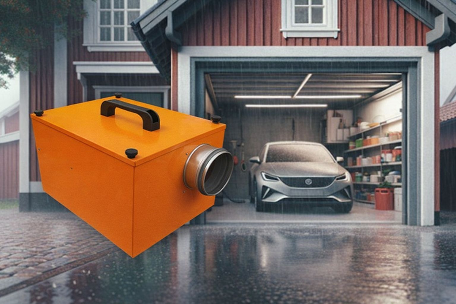 Orange radonavfuktare framför garage med bil, en lösning för radonsanering.