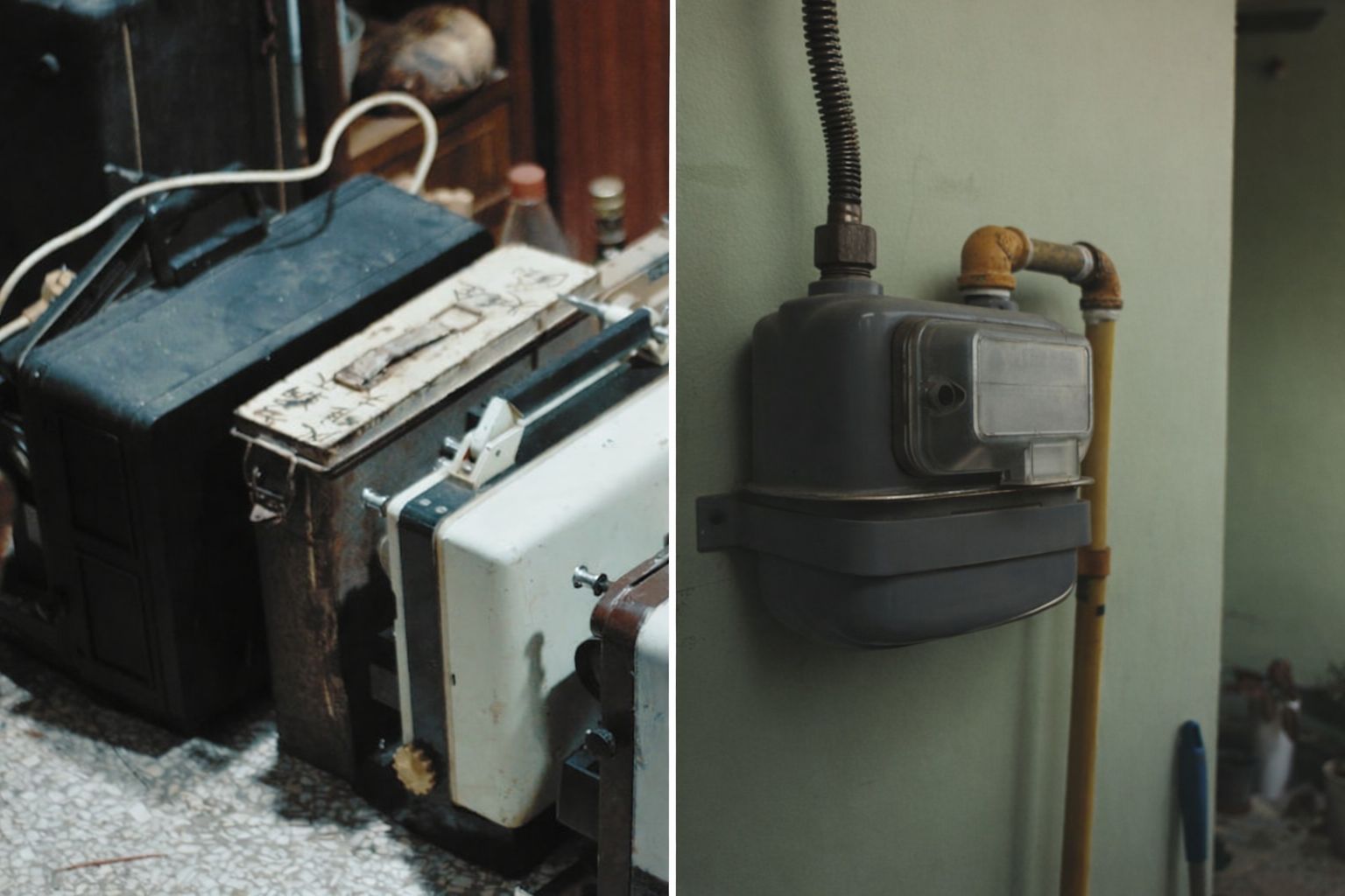 Suddig bild visar gamla apparater och en gasmätare på en vägg.